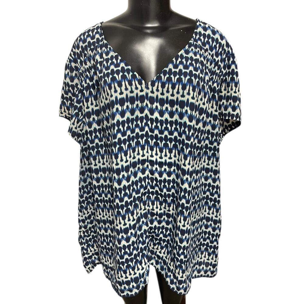 Size 24W Sejour Capsleeve V-Neck Womens Geometric Patterned Shirt Blouse Blue